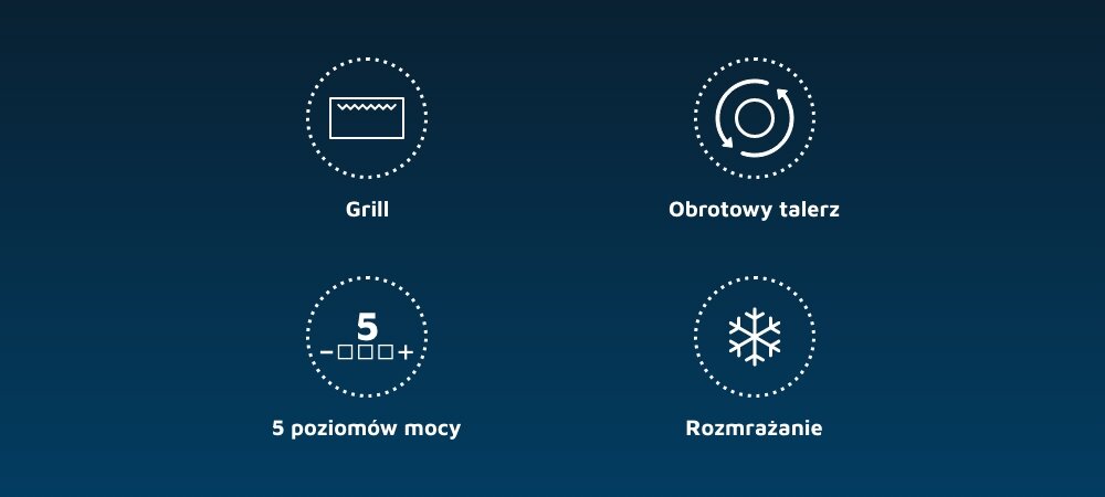 KUCHNIA MIKROFALOWA BEKO MGC20100B1 Ikony funkcji mikrofalówki: automatyczne gotowanie, rozmrażanie i szybki start. Prosta prezentacja możliwości urządzenia