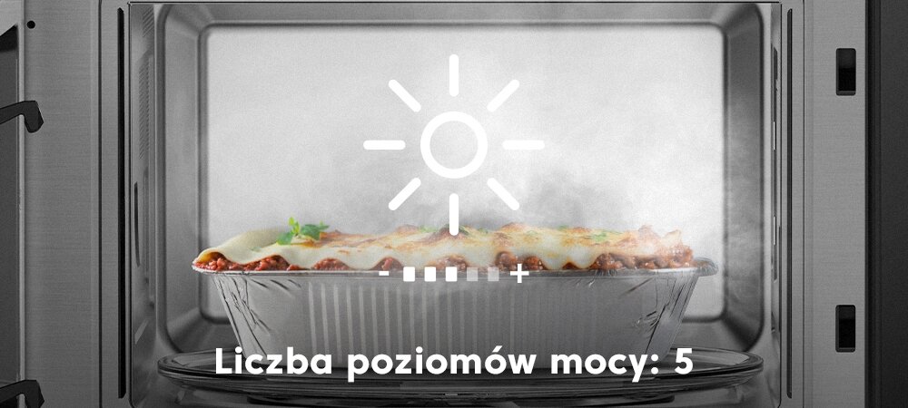KUCHNIA MIKROFALOWA BEKO MGC20100B1 Danie w mikrofalówce z oznaczeniem „5 poziomów mocy”. Regulacja intensywności grzania 6 poziomów mocy
