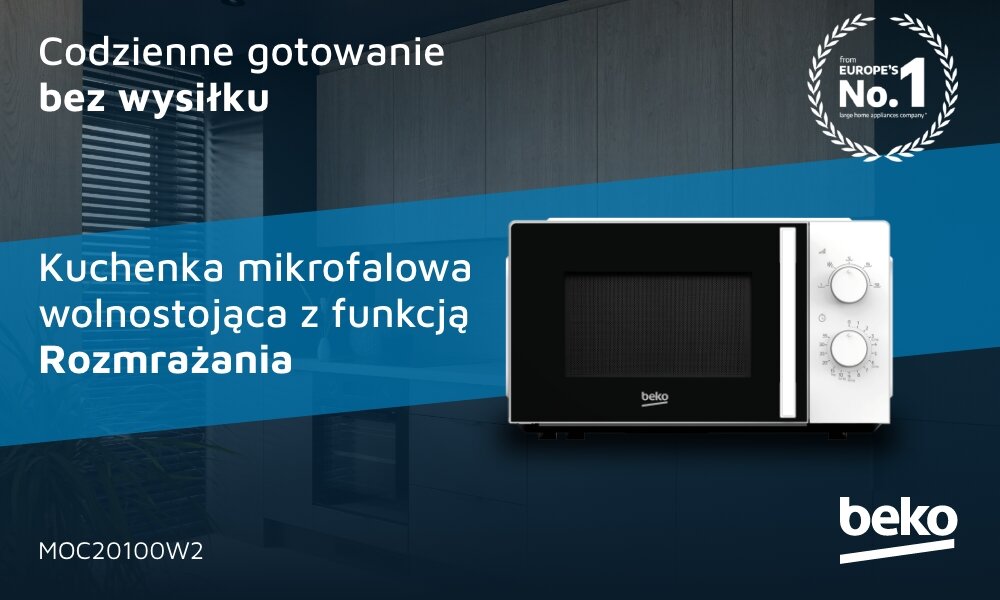 KUCHNIA MIKROFALOWA BEKO MOC20100W2 Grafika przedstawia kuchenkę mikrofalową Beko z funkcją grill i napisem „Codzienne gotowanie bez wysiłku”. Widoczny model MOC20100W2  oraz oznaczenie „No.1 w Europie”