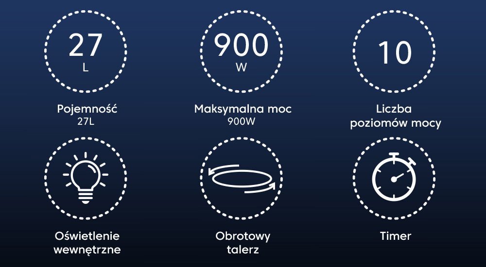 KUCHNIA MIKROFALOWA BEKO MCF26310BAF ikony niebieskie tło cechy najważniejsze wyróżniki pojemność moc liczba poziomów mocy oświetlenie obrotowy talerz timer podgrzewanie rozmrażanie pieczenie