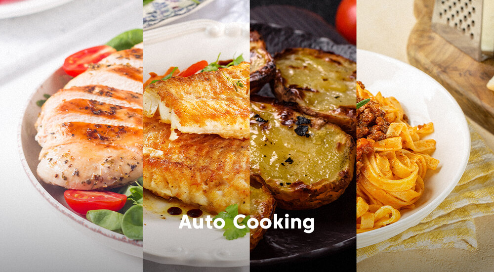 KUCHNIA MIKROFALOWA BEKO MCF26310BAF Na zdjęciu widoczne są cztery różne dania: grillowana pierś kurczaka, smażona ryba, pieczone ziemniaki oraz makaron z sosem. Każda potrawa jest wyeksponowana na osobnym białym talerzu, a przez środek obrazu, nałożony na potrawy, przebiega biały napis „Auto Cooking”, sugerujący funkcję automatycznego gotowania Auto Cooking równomierne podgrzewanie automatyczny dobór czasu mocy