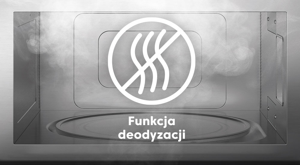 KUCHNIA MIKROFALOWA BEKO MCF26310BAF Na zdjęciu widać wnętrze kuchenki mikrofalowej wypełnione mgiełką lub parą. Na środku umieszczono duży, biały symbol skreślonego zapachu (linia z falami przekreślona okręgiem). Pod grafiką znajduje się napis „Funkcja deodyzacji”, który oznacza, że urządzenie posiada opcję eliminacji nieprzyjemnych zapachów z wnętrza mikrofalówki Funkcja deodyzacji usuwanie zapachów świeże wnętrze