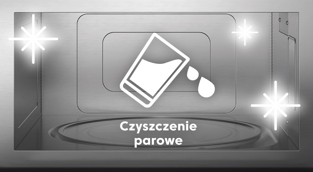 KUCHNIA MIKROFALOWA BEKO MCF26310BAF Na zdjęciu widoczne jest wnętrze kuchenki mikrofalowej, na którym znajduje się ikona przechylonej szklanki z wodą oraz kroplami, a także świetliste gwiazdki symbolizujące czystość. Pod grafiką umieszczono napis „Czyszczenie parowe”, co oznacza, że urządzenie posiada funkcję łatwego czyszczenia wnętrza za pomocą pary Czyszczenie parowe usuwanie zabrudzeń nieprzyjemnych zapachów gorąca para zmiękczanie resztek