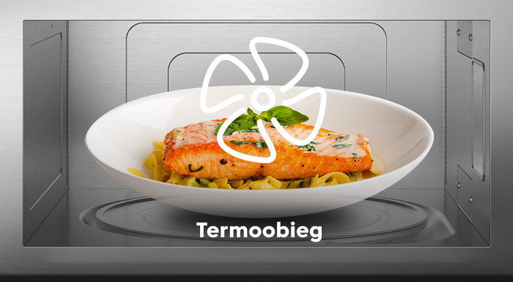 KUCHNIA MIKROFALOWA BEKO MCF26310BAF Na zdjęciu widoczny jest biały talerz z makaronem i grillowanym łososiem, umieszczony wewnątrz kuchenki mikrofalowej. Na środku znajduje się duża, biała ikona wentylatora, a pod talerzem napis „Termoobieg”, co wskazuje na funkcję równomiernego rozprowadzania gorącego powietrza w urządzeniu Termoobieg równomierne rozprowadzanie powietrza upieczone z każdej strony chrupiący wierzch