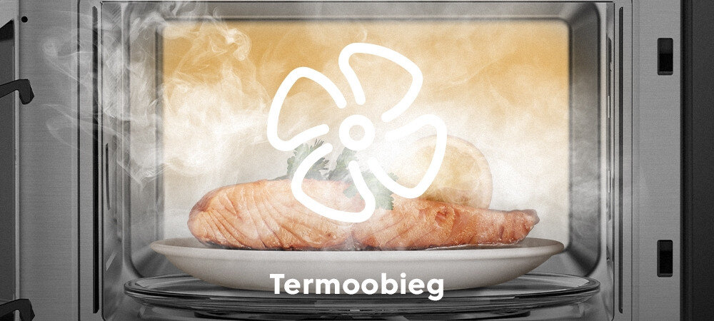 KUCHNIA MIKROFALOWA BEKO MCF26310BAF Wnętrze mikrofalówki z talerzem i kawałkiem łososia, wokół którego widoczna jest para oraz ikona wentylatora. Napis „Termoobieg” wskazuje funkcję równomiernego rozprowadzania ciepła