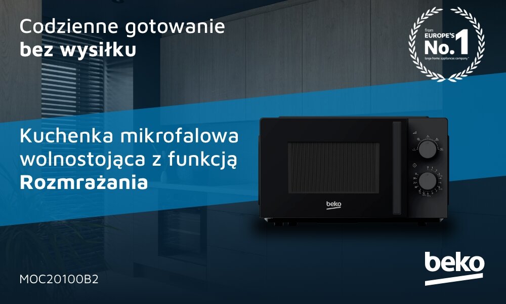 Obraz przedstawia czarną kuchenkę mikrofalową z dwoma pokrętłami, obok której znajduje się tekst: \'Codzienne gotowanie bez wysiłku. Kuchenka mikrofalowa wolnostojąca z funkcją Rozmrażania\'. Widoczne są również napisy \'MOC20100B2\' oraz logo \'beko\'.