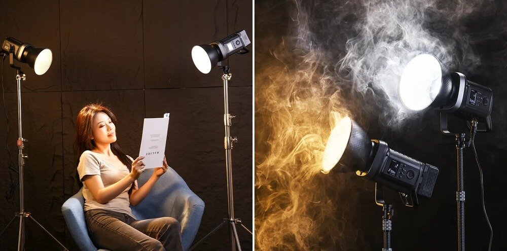 Lampa LED Ulanzi 200W modelka oświetlona na fotelu