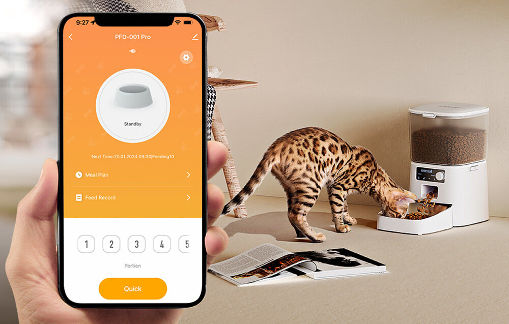 Dozownik karmy automatyczny ONEISALL PFD001 Pro biały Automatyczne karmienie działa bezprzewodowo  zgodnie z harmonogramem pokrętłu sterującemu ustawienia zajmuje dosłownie chwilę