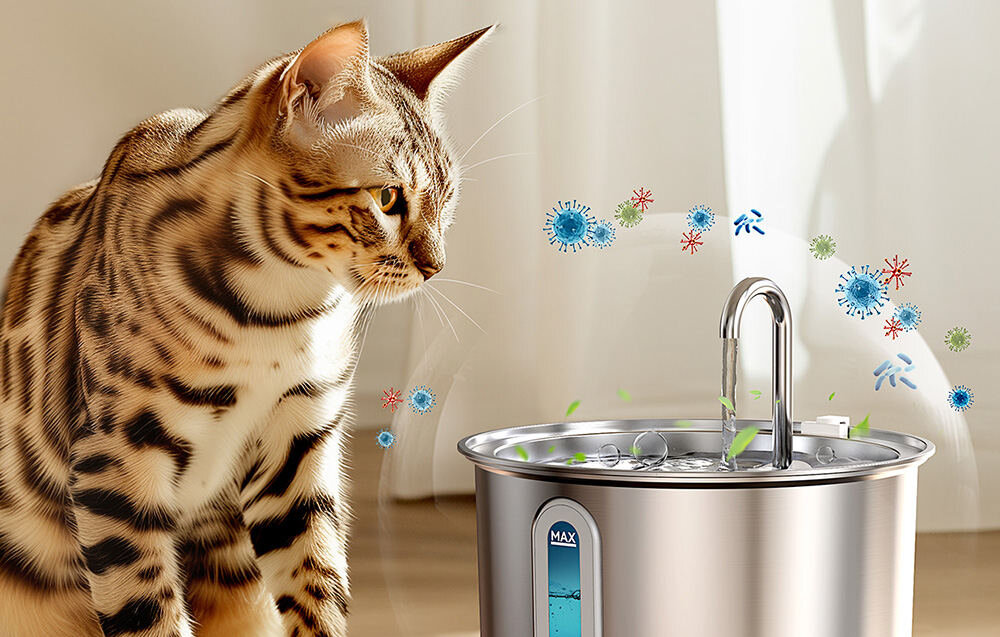 Fontanna dla zwierząt ONEISALL PWF-001-1 Dbałość o szczegóły z wykorzystaniem stali nierdzewnej 316 zminimalizujesz ryzyko infekcji można bezpiecznie umyć w zmywarce montaż i pielęgnacja pompy są proste i bezproblemowe