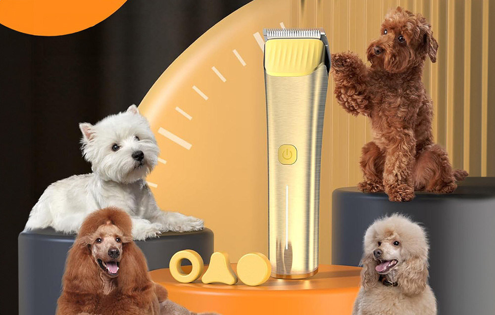 Na obrazie znajduje się trymer do strzyżenia zwierząt w kolorze złotym, otoczony przez cztery psy różnych ras. W tle widoczne są elementy dekoracyjne w odcieniach żółci i czerni.