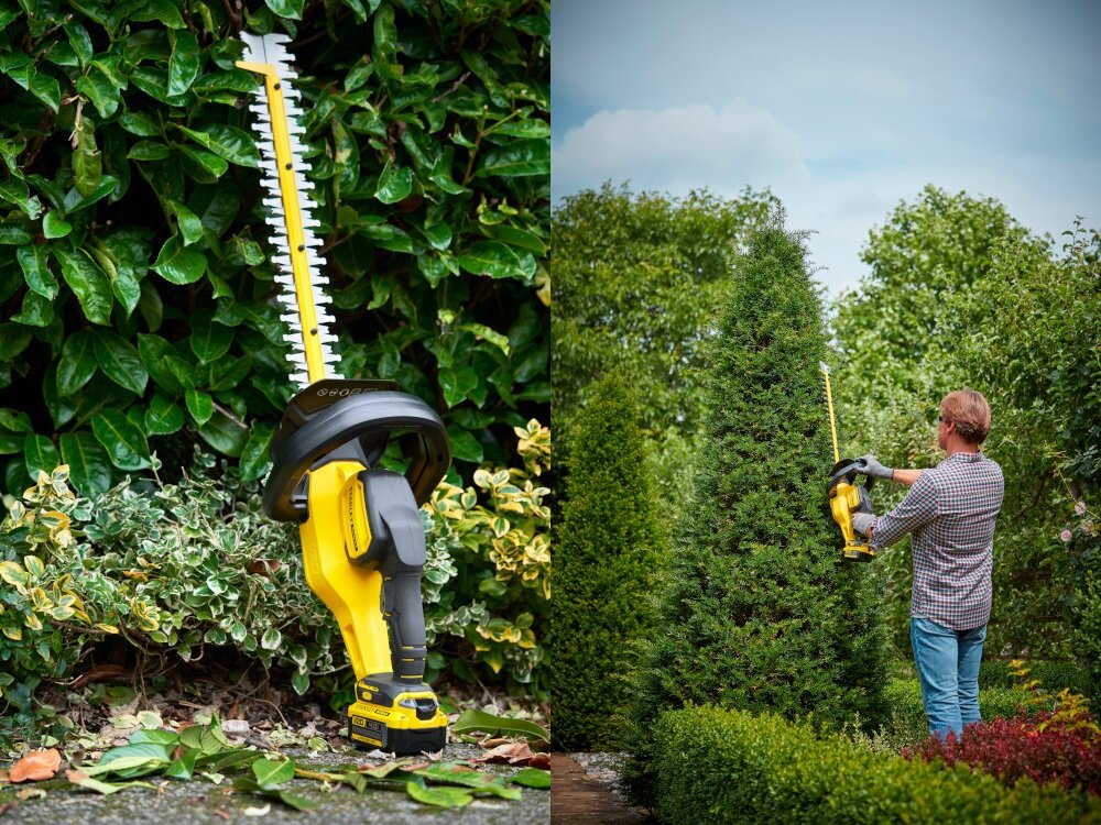 Nożyce do żywopłotu STANLEY SFMCHT855M1-QW 550mm 18V akumulatorowe ogród dwa ujęcia osoba przycina żywopłot w tle inne rośliny drugie ujęcie piła stoi na chodniku oparta o żywopłot pielęgnacja żywopłotu przycinanie żywopłotu zadbany ogród