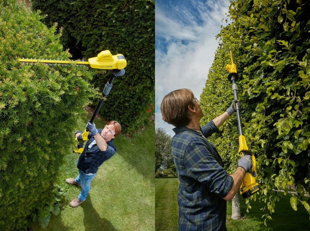 Nożyce do żywopłotu STANLEY SFMCPH845M1-QW 450mm 18V akumulatorowe ogród dwa ujęcia osoba tnie żywopłot stojąc na ziemi widok od przodu i od tyłu pielęgnacja ogrodu cięcie żywopłotu i krzewów wydajność skuteczność praca bez drabiny