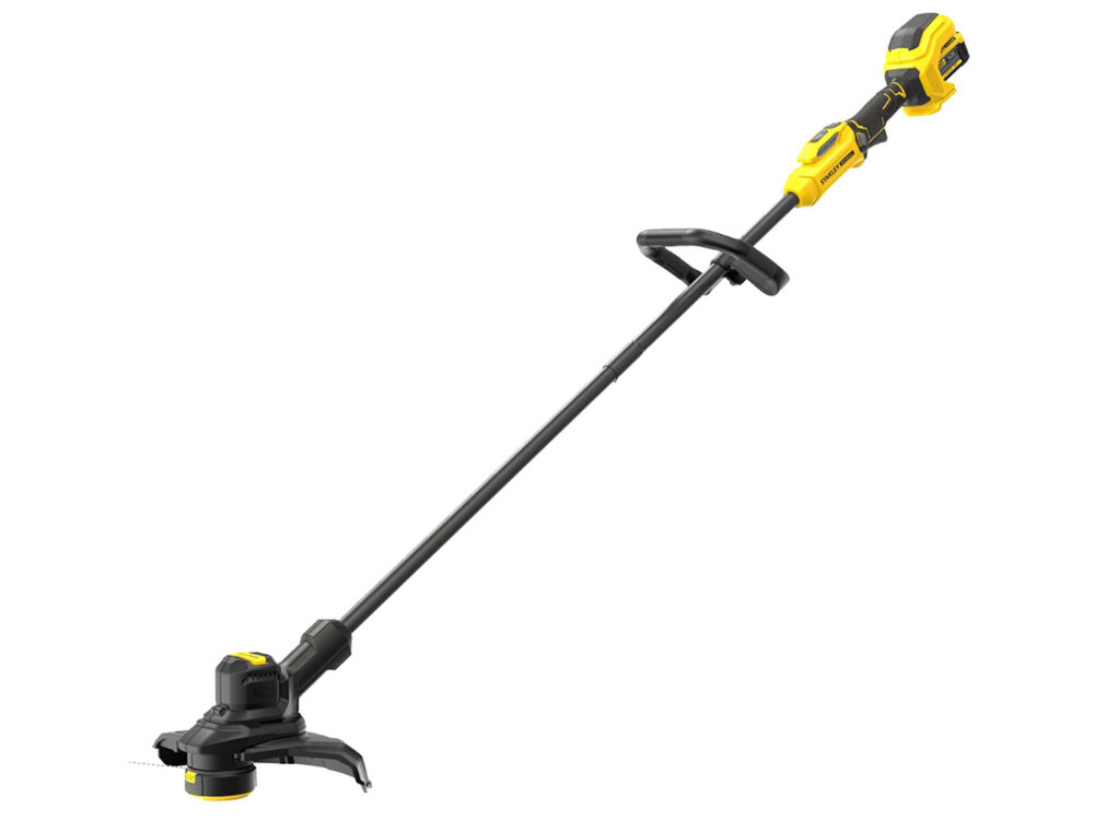 Podkaszarka akumulatorowa STANLEY SFMSTB930M-QW podkaszarka na białym tle przekładnia zębata zwiększa moment obrotowy skuteczniejsze cięcie trawy i chwastów ogranicza spadki obrotów przy gęstszej roślinności równa linia koszenia