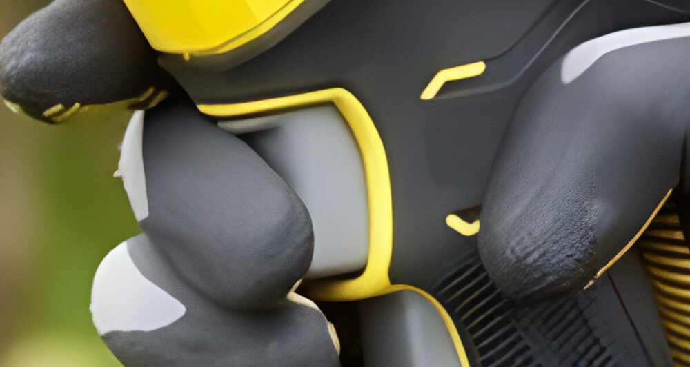 Sekator do gałęzi akumulatorowy STANLEY FatMax SFMCPP32M1-QW rozmazane tło osoba trzyma palec na spuście sekatora miękki spust o powtarzalnych czynnościach cięcia płynność i precyzja wymaga mniejszego nacisku palca ułatwia utrzymanie równego tempa cięcia poprawia kontrolę nad narzędziem