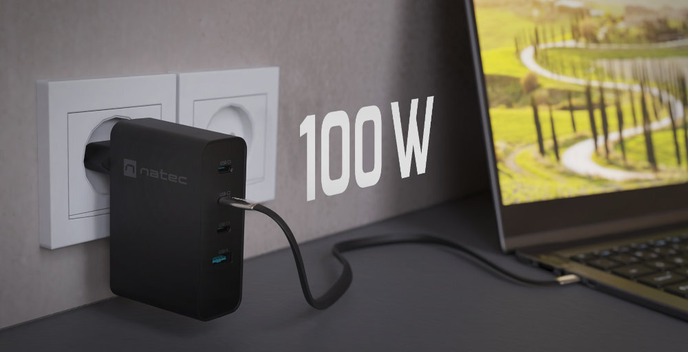 NATEC Ribera 100 W zasilisz do 4 urządzeń jednocześnie laptop, tablet, smartfon słuchawki bezprzewodowe konsolę Nintendo® Switch trzy porty USB-C jeden port USB-A szybkiego ładowania Huawei FCP/SCP, Power Delivery 3.0, Samsung AFC Quick Charge 3.0 protokołu PPS - ładowarka w gniazdku obok laptopa