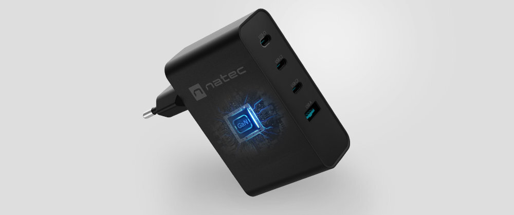 NATEC Ribera 100 W azotku galu (GaN) obniża zużycie energii - ładowarka na szarym tle w środku GaN