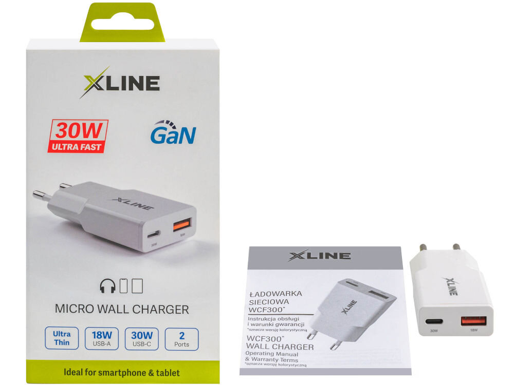 Ładowarka sieciowa XLINE WCF300 30W GAN elementy zestawu opakowanie instrukcja