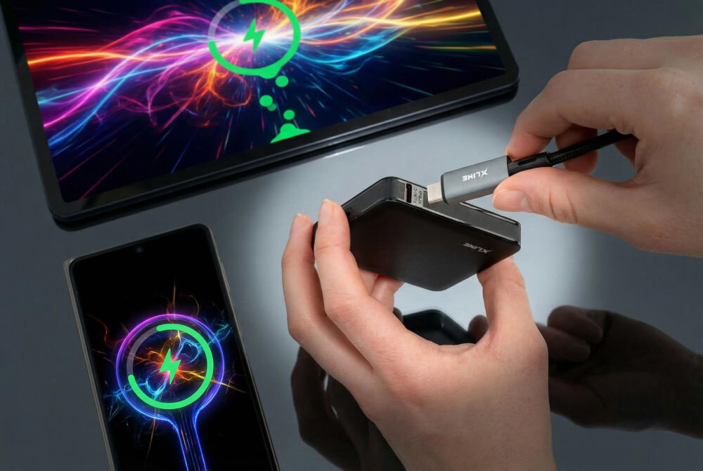 Powerbank XLINE XPB305K 5000 mAh 20W Ręka podłączająca kabel USB-C do kompaktowego, czarnego powerbanku X-LINE; w tle widoczny tablet i smartfon z grafiką szybkiego ładowania.