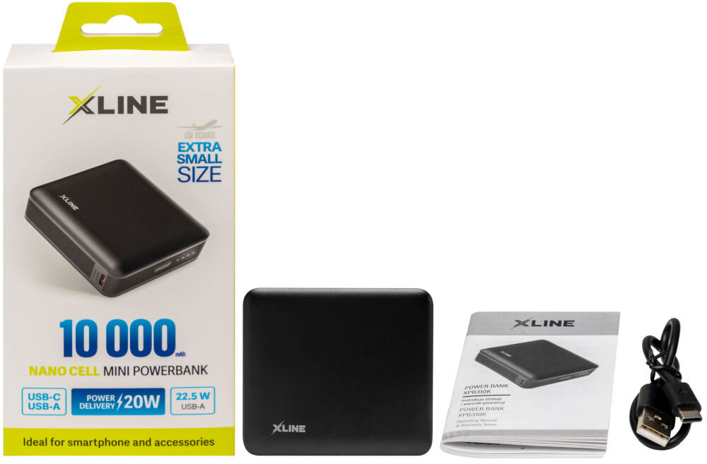 Powerbank XLINE XPB310K 10000 mAh 22.5W Zestaw produktowy: opakowanie X-LINE 10 000 mAh Nano Cell, czarny powerbank, instrukcja i kabel USB; widoczne oznaczenia Power Delivery 20W i USB-C.