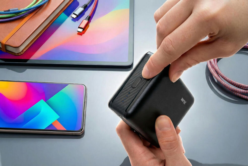 Powerbank XLINE XPB320K 20000 mAh 22.5W Kompaktowy powerbank Xline trzymany w dłoniach, prezentujący przycisk zasilania oraz cztery diody sygnalizujące poziom energii.