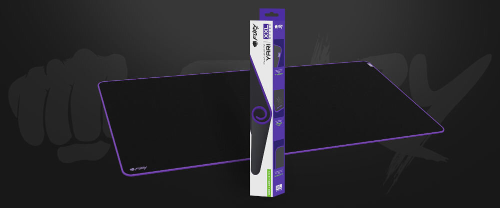 Podkładka FURY Yari Speed w rozmiarze XXL (ok. 120 x 60 cm)
w kolorze czarno-fioletowym, pudełko, logo producenta na ciemnym tle
