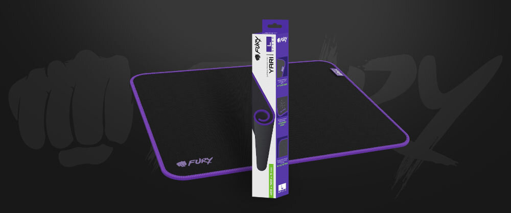 Podkładka FURY Yari Speed w rozmiarze L (ok. 40 x 30 cm) w kolorze czarno-fioletowym, pudełko, logo producenta na ciemnym tle