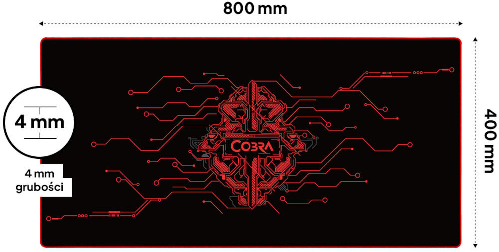 Podkładka COBRA Matrix XL TM9002RD duży rozmiar dla komfortu ok. 800 x 400 mm, grubość ok. 4 mm, duża przestrzeń, odpowiednia zarówno dla myszki, jak i klawiatury, podkładka z wymiarami na białym tle