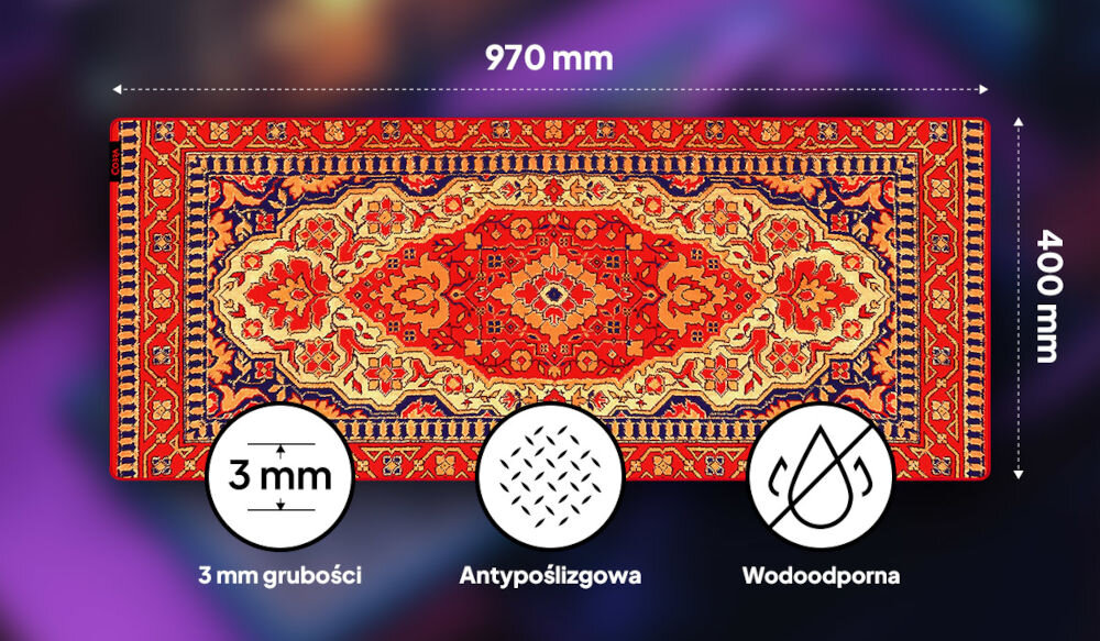 Podkładka COBRA Persian XXL smukła konstrukcja, grubość wynosząca ok. 3 mm, podkładka na kolorowym tle, wektory z wymiarami, ikonki informujące o grubości, antypoślizgowym spodzie oraz wodoodporności