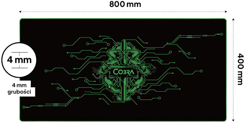 Podkładka COBRA Matrix XL TM9004GN duży rozmiar dla komfortu ok. 800 x 400 mm, grubość ok. 4 mm, duża przestrzeń, odpowiednia zarówno dla myszki, jak i klawiatury, podkładka z wymiarami na białym tle