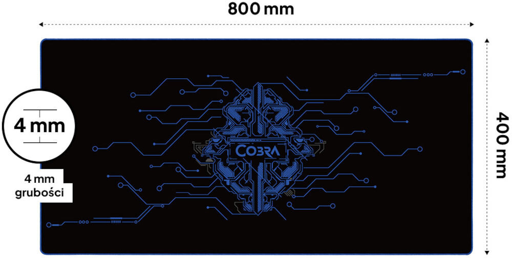 Podkładka COBRA Matrix XL TM9003BL duży rozmiar dla komfortu ok. 800 x 400 mm, grubość ok. 4 mm, duża przestrzeń, odpowiednia zarówno dla myszki, jak i klawiatury, podkładka z wymiarami na białym tle