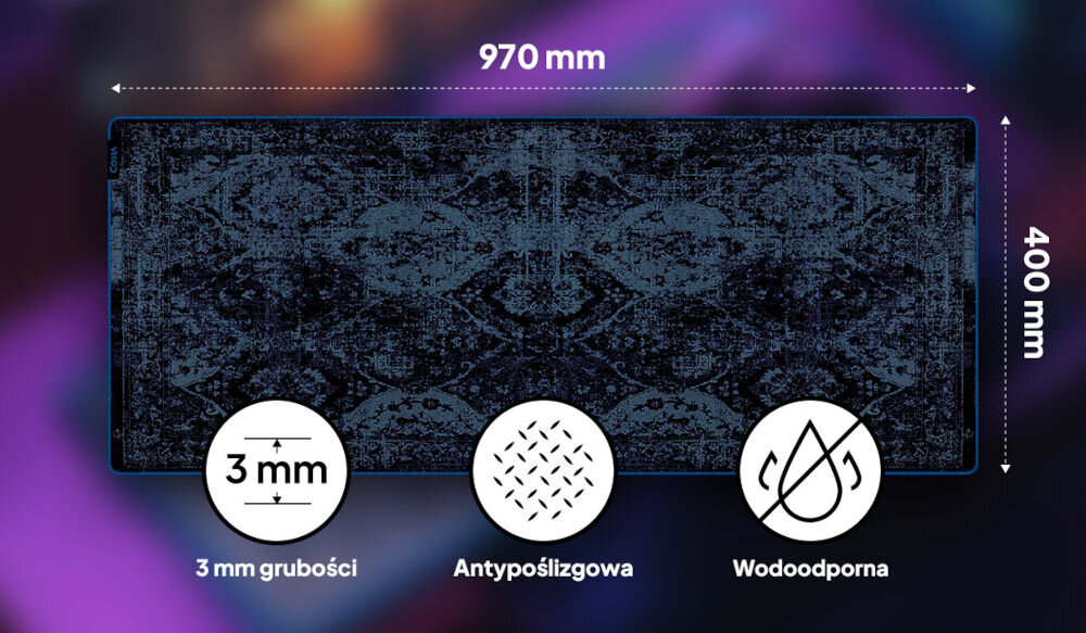 Podkładka COBRA Vintage XXL smukła konstrukcja, grubość wynosząca ok. 3 mm, podkładka na kolorowym tle, wektory z wymiarami, ikonki informujące o grubości, antypoślizgowym spodzie oraz wodoodporności