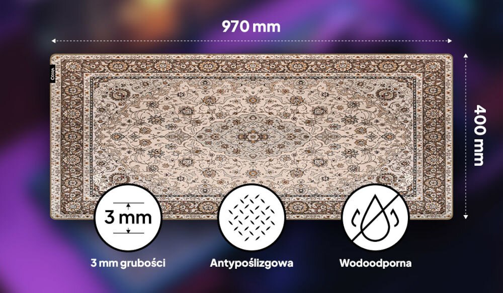 Podkładka COBRA Versal XXL smukła konstrukcja, grubość wynosząca ok. 3 mm, podkładka na kolorowym tle, wektory z wymiarami, ikonki informujące o grubości, antypoślizgowym spodzie oraz wodoodporności