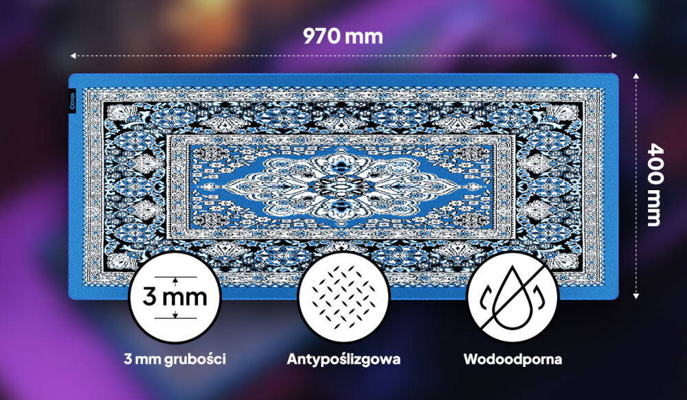Podkładka COBRA Azure XXL smukła konstrukcja, grubość wynosząca ok. 3 mm, podkładka na kolorowym tle, wektory z wymiarami, ikonki informujące o grubości, antypoślizgowym spodzie oraz wodoodporności