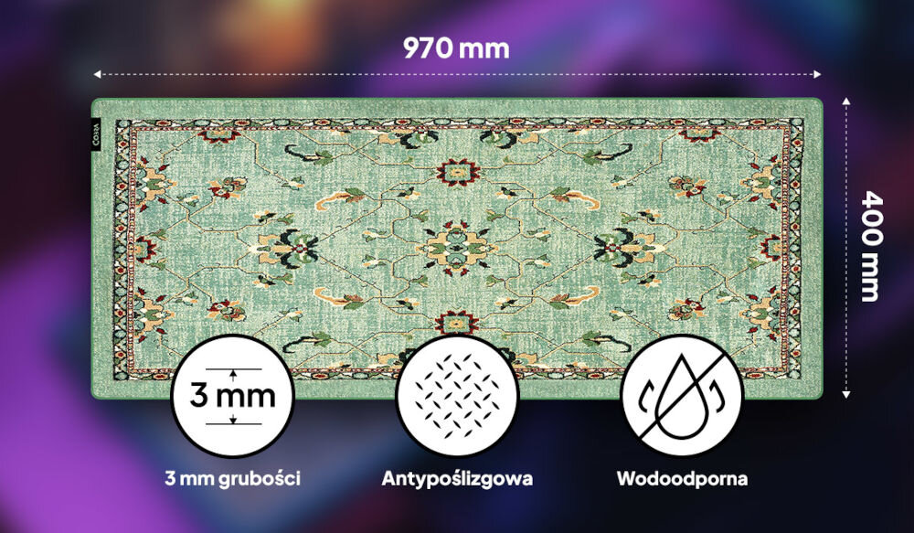 Podkładka COBRA Garden XXL smukła konstrukcja, grubość wynosząca ok. 3 mm, podkładka na kolorowym tle, wektory z wymiarami, ikonki informujące o grubości, antypoślizgowym spodzie oraz wodoodporności