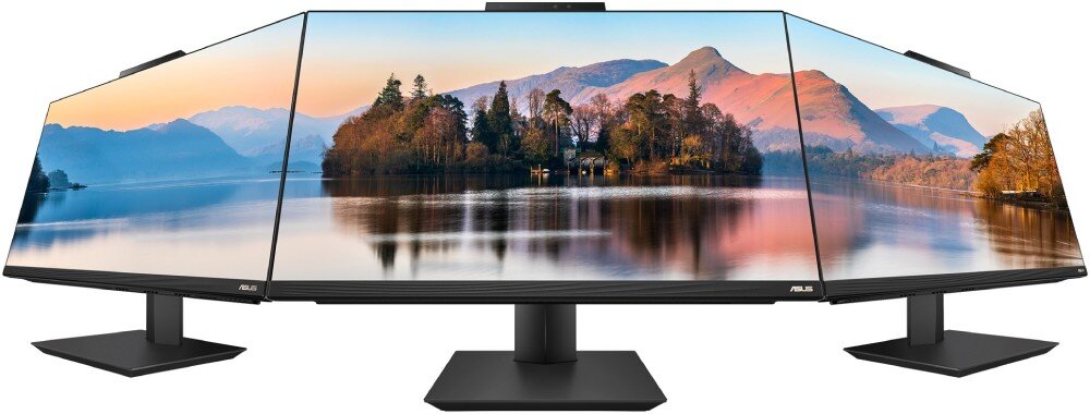 Komputer ASUS A5702WVARK-BPE014W Trzy ekrany ustawione obok siebie tworzące panoramiczny obraz jeziora i gór