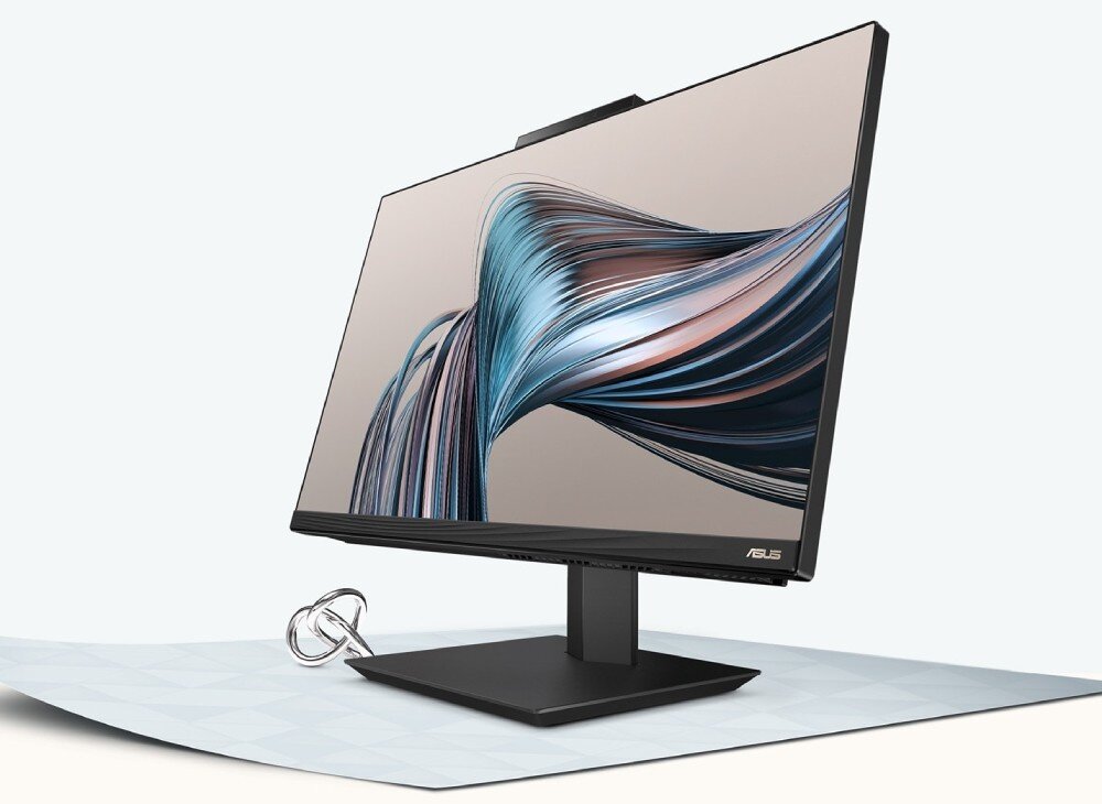 Komputer ASUS A5702WVARK-BPE014W Komputer All-in-One wyświetlający abstrakcyjną grafikę z falującymi wstęgami w odcieniach błękitu i srebra