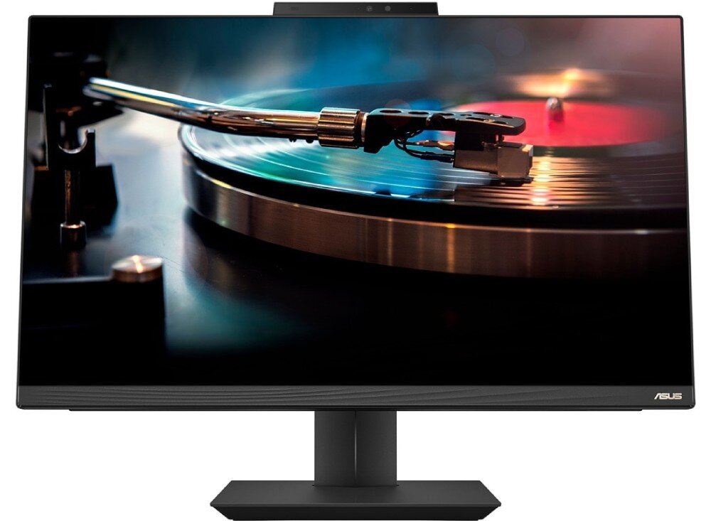 Komputer ASUS A5702WVARK-BPE014W Ekran monitora prezentujący artystyczne zdjęcie gramofonu z płytą winylową