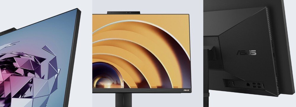 Komputer ASUS A5702WVARK-BPE014W Kolaż trzech ujęć prezentujący cienkie ramki ekranu, kamerę internetową na górnej krawędzi oraz tył obudowy z portami