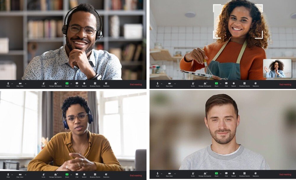 Komputer ASUS A5702WVARK-BPE014W Ekran komputera wyświetlający interfejs wideokonferencji z czterema uśmiechniętymi uczestnikami rozmowy