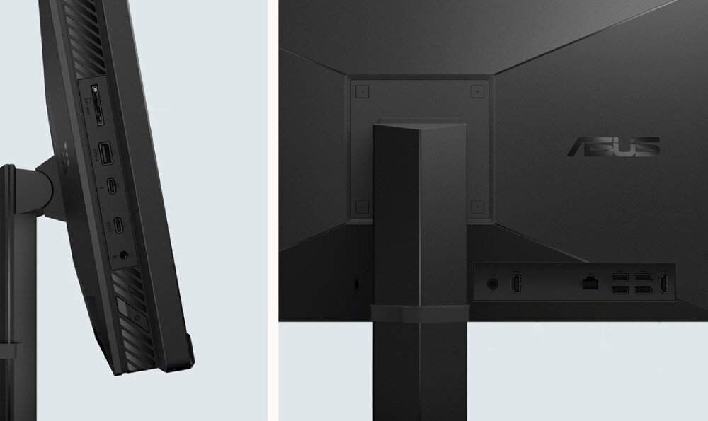 Komputer ASUS A5702WVARK-BPE014W Zbliżenie na boczny panel z portami wejścia oraz tylną część obudowy ze złączami i podstawą