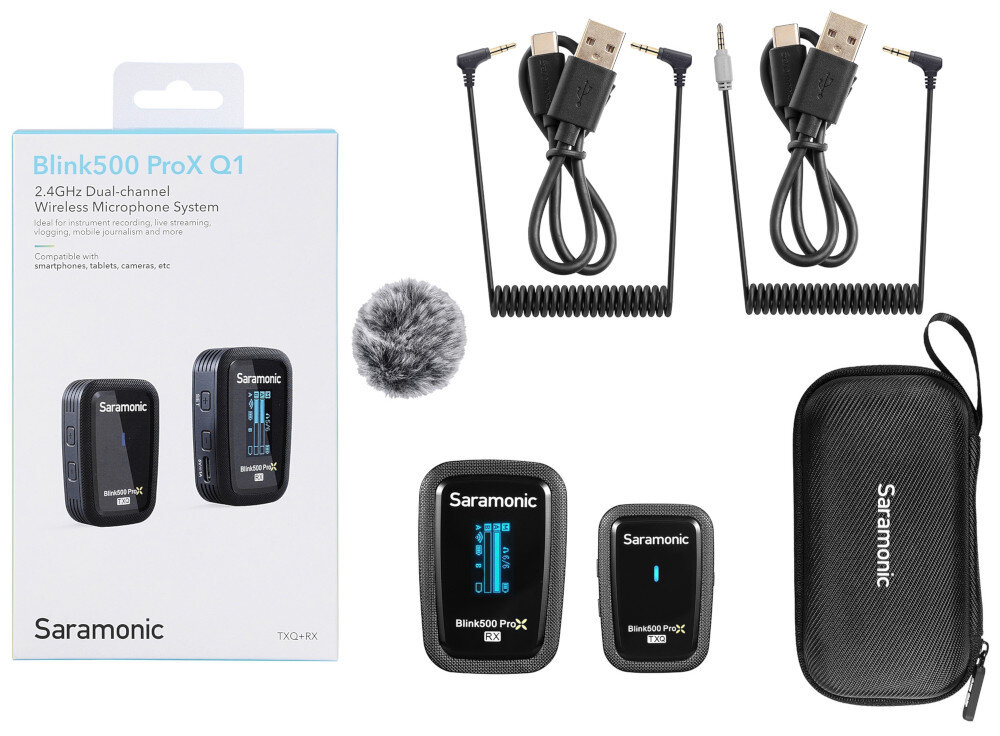 System bezprzewodowy SARAMONIC Blink500 ProX Q1 osłona przeciwwiatrowa typu deadcat kabel 3,5 mm TRS/TRS, kabel 3,5 mm TRS/TRRS, 2 x kabel USB-A / USB-C, etui