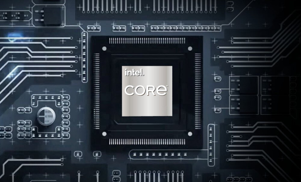 Zbliżenie na procesor Intel Core umieszczony na ciemnej płycie głównej z widocznymi ścieżkami obwodów drukowanych, wizualizacja zaawansowanej technologii i wydajności obliczeniowej. - Intel Core procesor rdzenie prędkość moc