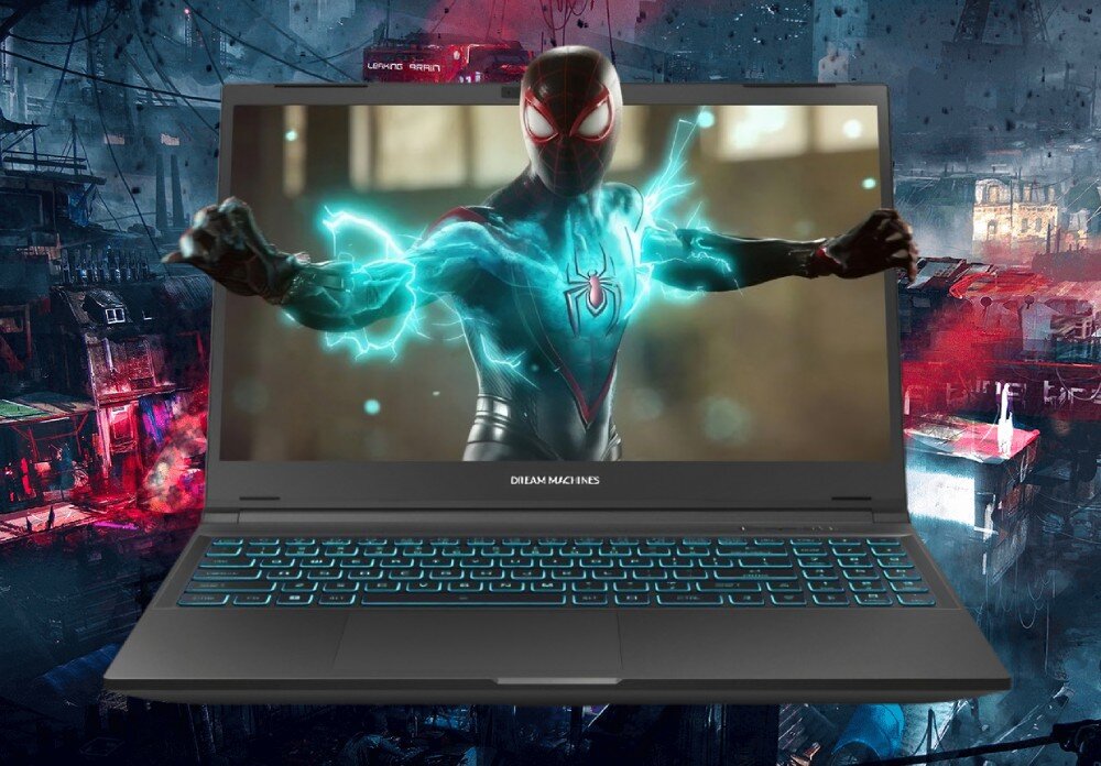 Laptop gamingowy Dream Machines z podświetlaną klawiaturą, na ekranie postać Spider-Mana z gry wychodząca z ekranu z efektami świetlnymi, symbolizujący długi czas pracy na baterii i immersyjną rozgrywkę. - Bateria 46,74 Wh