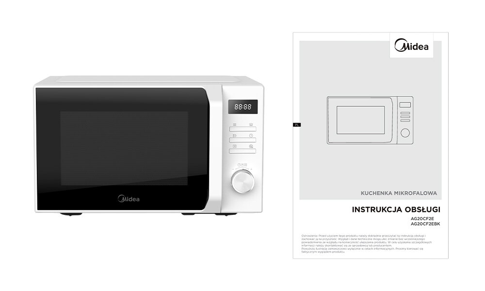 PKuchenka mikrofalowa MIDEA AG20CF2EBK 700W średnica 25.5 cm pojemność 20L Czarny wyposażenie zestawu, zakończenie opisu