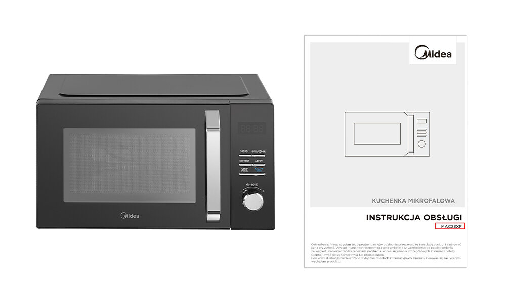Kuchenka mikrofalowa MIDEA MAC23XF 800W średnica 27 cm pojemność 23L Grill Inverterquattro Czarny zawartość zestawu, koniec opisu