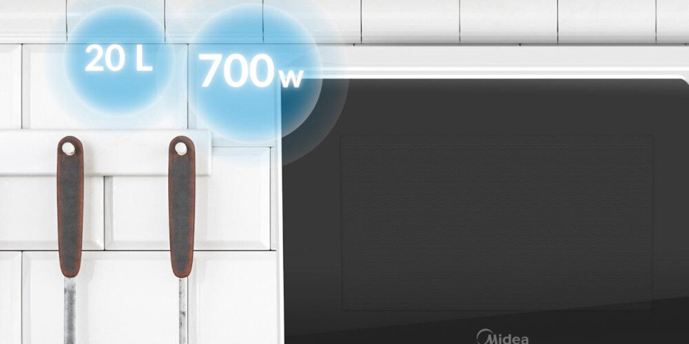 KUCHENKA MIKROFALOWA MIDEA 20L MM20CF2E lifestyle infografika front zamknięta Szybkie i efektywne działanie moc 700 W 5 poziomów mocy regulacja szybko efektownie gotowanie rozmrażanie Mechaniczne sterowanie intuicyjna obsługa 20 litrów pojemności