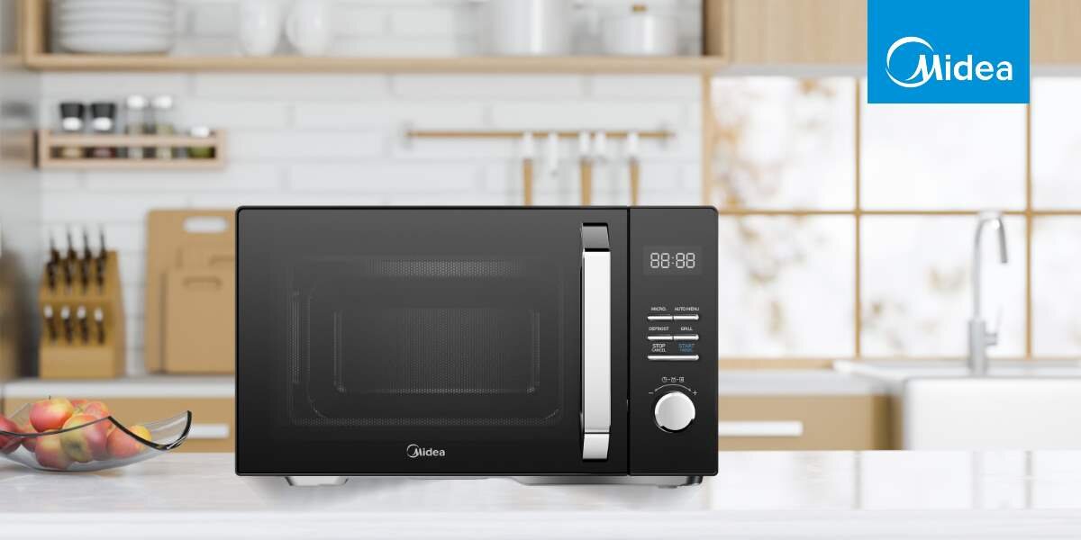 Kuchenka mikrofalowa MIDEA MAG25XF Intuicyjna obsługa cyfrowy panel sterowanie czytelny wyświetlacz LED łatwy wybór Zaawansowane programy 9 automatycznych programów dostosowanie mocy Xpress grill szybkie opiekanie zarumienianie dań szeroki zakres funkcji pojemność 25 litrów moc 800 W grill 1000 W szybkie efektyne gotowanie