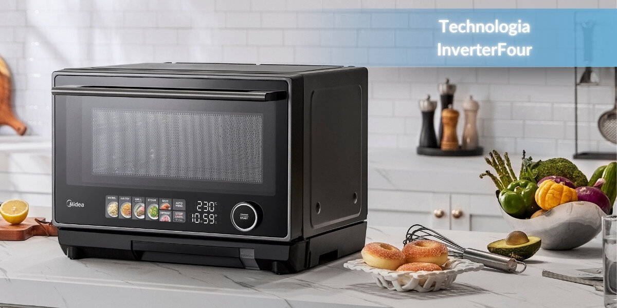 Kuchenka mikrofalowa MIDEA MSO25H Technologia InverterFour kontrola mocy równomierne podgrzewanie gotowanie minimalizuje ryzyko przypalenia lepszy smak tekstura