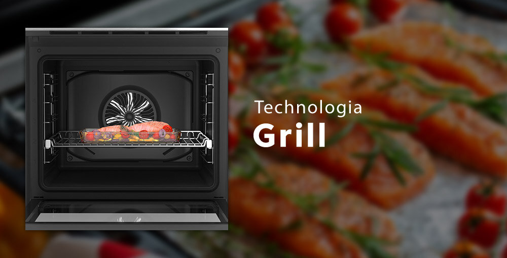 PIEKARNIK BEKO BCBIMA17400KSBS wizualizacja front otwarty wnętrze blacha wentylator Grill grillowanie mięsa kiełbasek tostów ryb wysoka temperatura chrupiąca skórka soczyste wnętrze