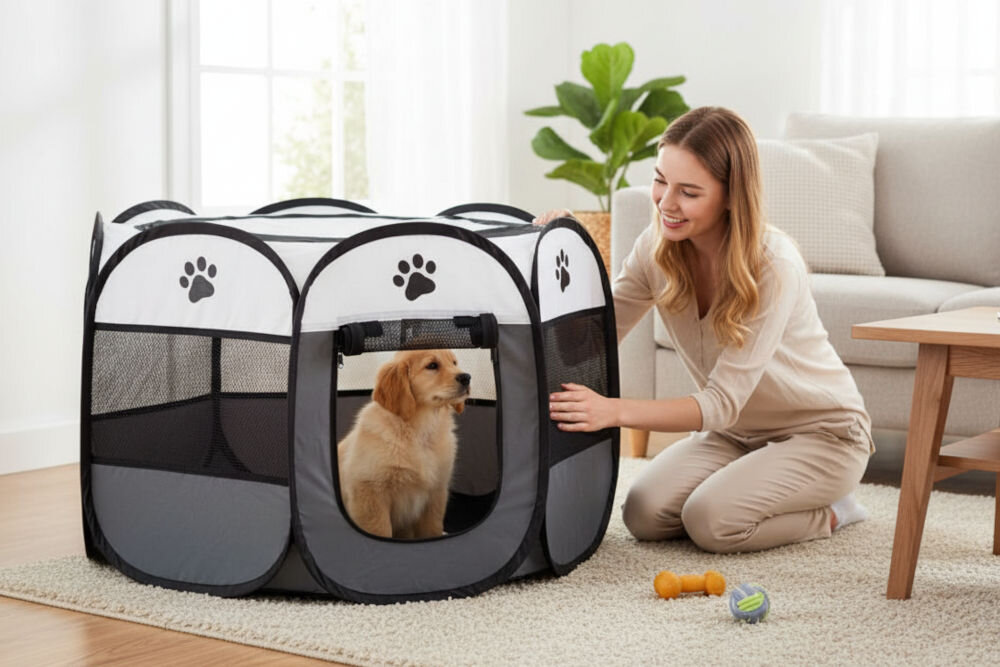 Kojec uniwersalny ZWIERZOPASJA Skiper XXL materiałowy z systemem pop-up dla małych zwierząt Szczeniak rasy Golden Retriever siedzi wewnątrz dużego, przenośnego kojca. Kobieta klęczy obok, uśmiechając się i dotykając kojca. Kojec stoi w jasnym salonie.